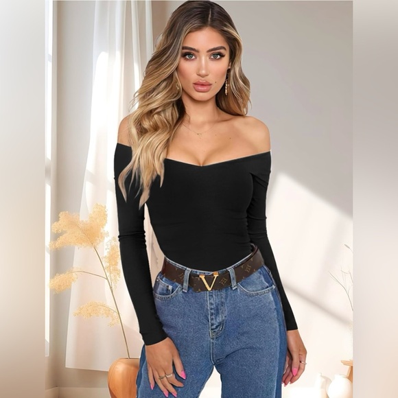 Sarin Mathews Off The Shoulder Top Sexy V Neck Slim Fit Shirt Solid Black Size L - Picture 4 of 6